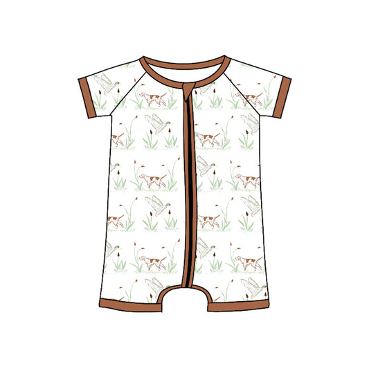 Preorder (moq 5)Baby Boys Brown Short Sleeves Ducks Dogs Zipper Rompers
