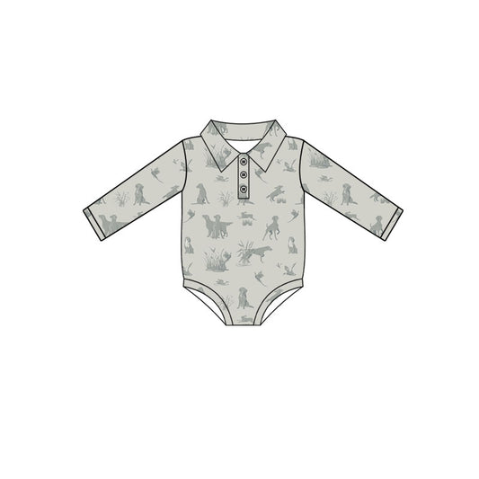 Preorder (moq 5)Baby Boys Long Sleeve Dogs Ducks Hunting Button Rompers