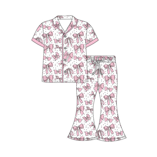 Preorder moq 5 Adult Women Bows Polka Dots Button Top Bell Bottom Pants Pajamas Sets