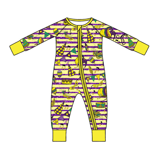 Preorder (moq 5) Baby Girl Clothes Mardi Gras Stripe Party Hat Musical Mixed Print Long Sleeve Zipper Romper