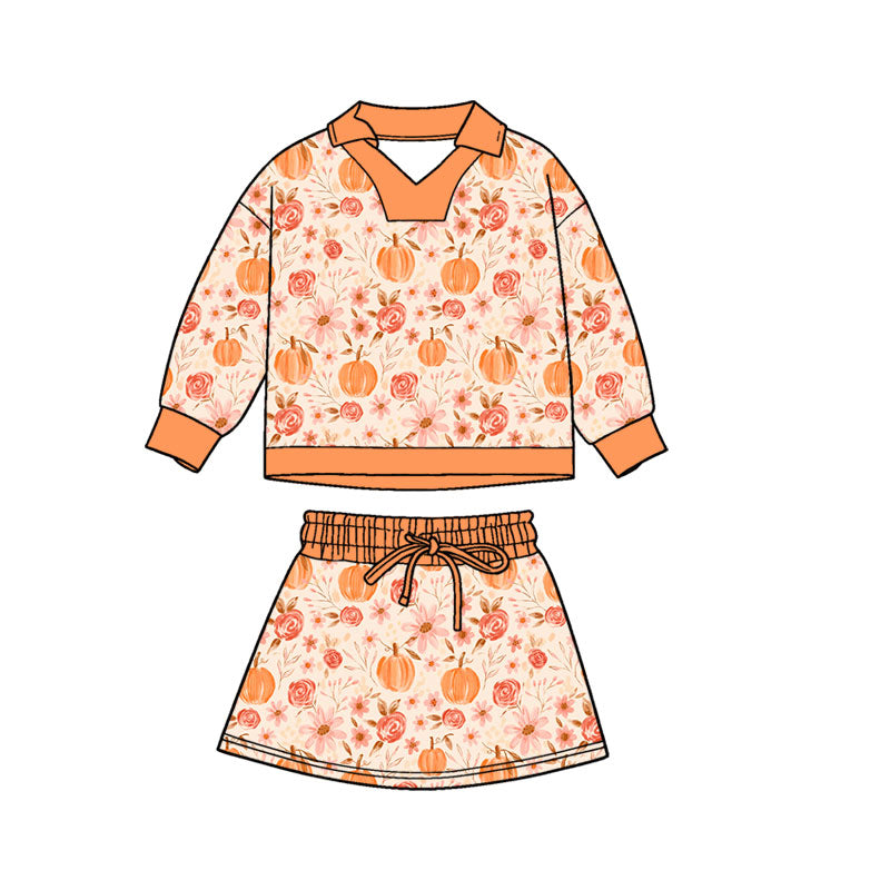 Preorder moq 5 Baby Girls Long Sleeve Flowers Pumpkins Top Skirt Short Fall Clothes Set