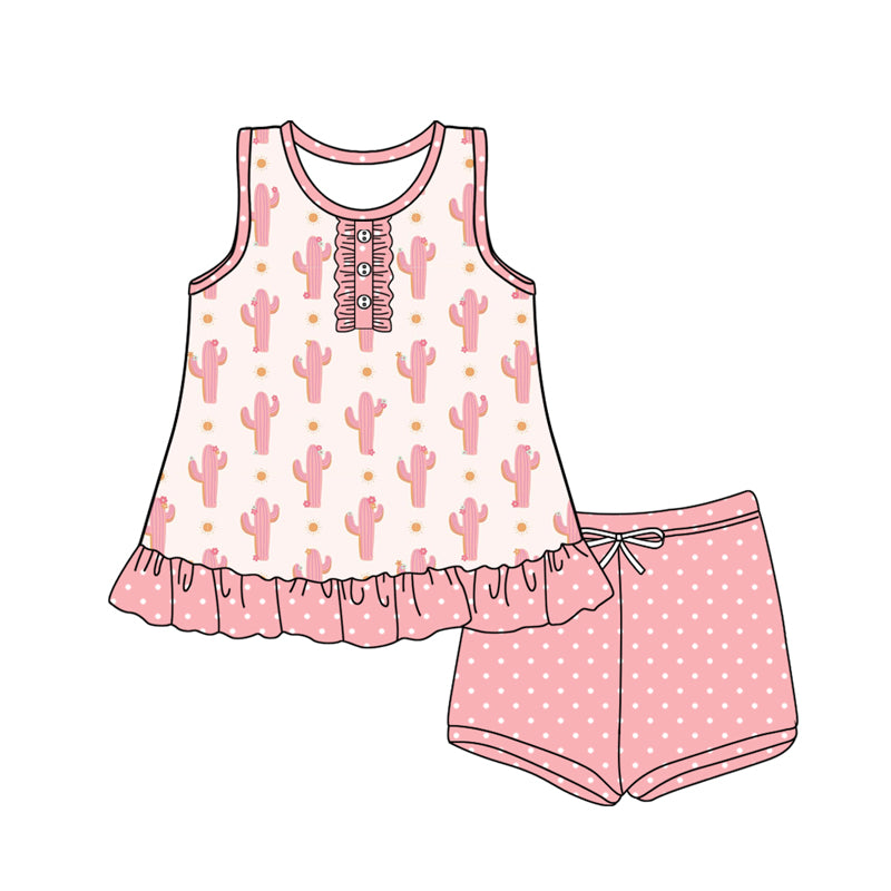 Preorder (moq 5)Baby Girls Sleeveless Button Pink Cactus Polka Dots Tunic Short Set