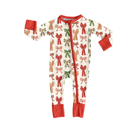 Preorder (moq 5)Baby Girls Long Sleeves Green Red Plaid Bows Zipper Pant Rompers
