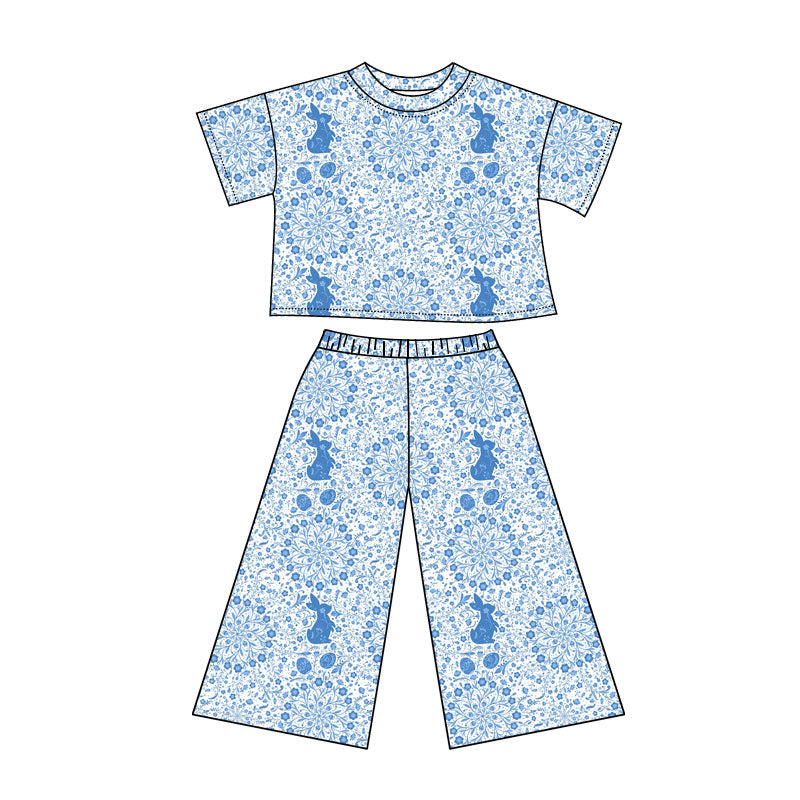 Preorder(moq 5) Baby Girls Blue Floral Rabbits Eggs Top Flare Pants Easter Clothes Sets