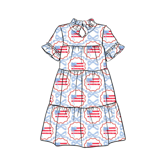 Preorder (moq 5)Baby Girls Bows Flags Checked 4th of July Patchwork Knee Length Dresses