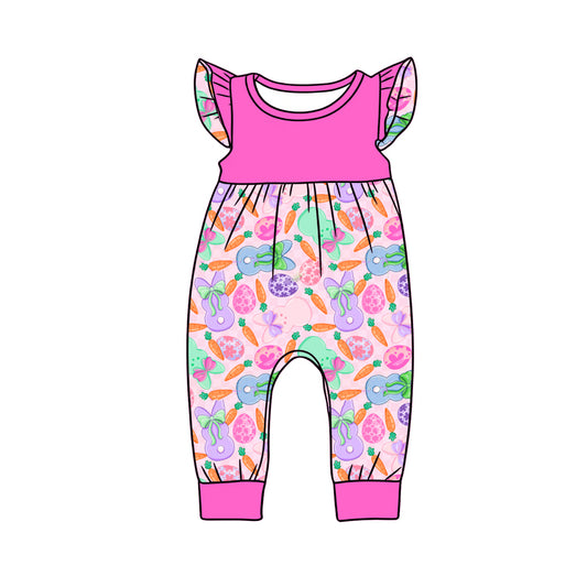 Preorder (moq 5)Baby Girls Flutter Sleeve Colorful Carrots Rabbits Easter Pant Rompers