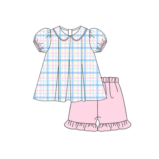 Preorder (moq 5)Baby Girls Short Ruffle Sleeves Blue Pink Plaid Tunic Ruffle Short Set