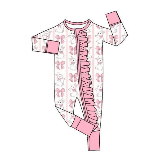 Preorder (moq 5)Baby Girls Pink Bows Rabbits Stripe Easter Two Way Ruffle Zip Convertible Rompers