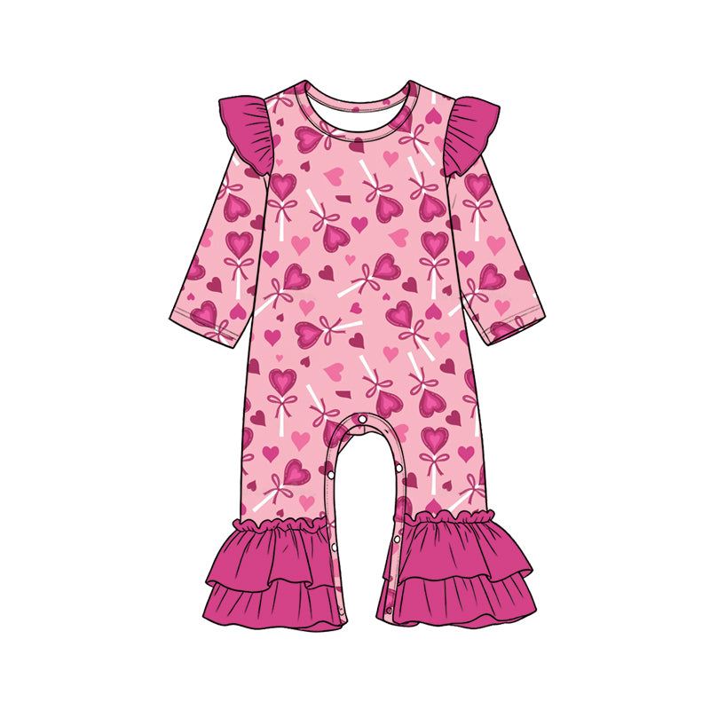 Preorder (moq 5) Baby Girls Pink Bows Hearts Valentines Ruffle Pant Rompers