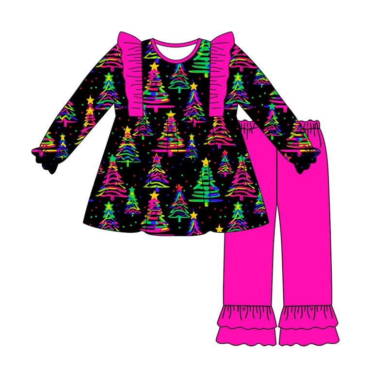 Preorder (moq 5)Baby Girls Long Sleeves Colorful Trees Stars Tunic Ruffle Pants Set