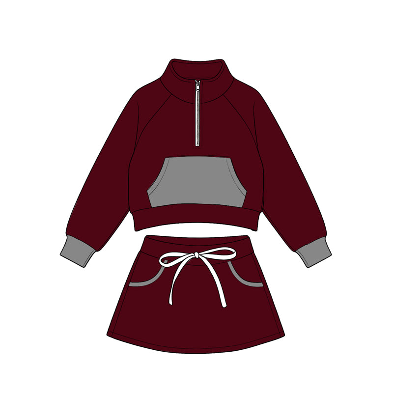 Preorder(moq5) Kids Half Zip Cropped Sweatshirt Skirt 2‑Piece Athletic Outfit