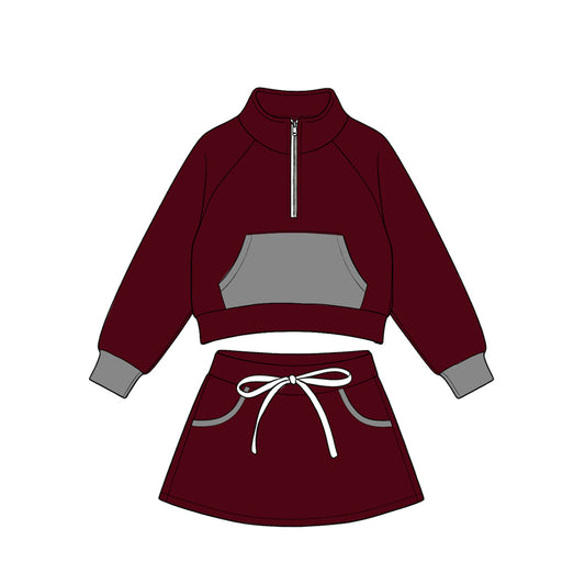 Preorder(moq5) Kids Half Zip Cropped Sweatshirt Skirt 2‑Piece Athletic Outfit