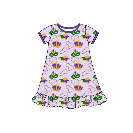 Preorder(moq 5) Baby Girls Mardigras Short Sleeve Anchors Masks Ruffle Knee Length Dresses