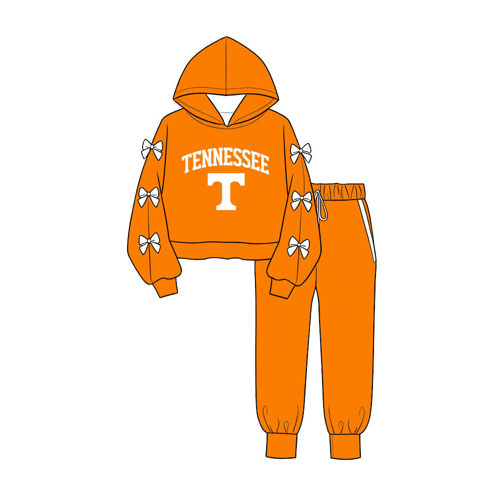 Preorder (moq 5) Baby Girls Bows Sleeves Tennessee Hoodie Pockets Jogger Team Clothes Sets