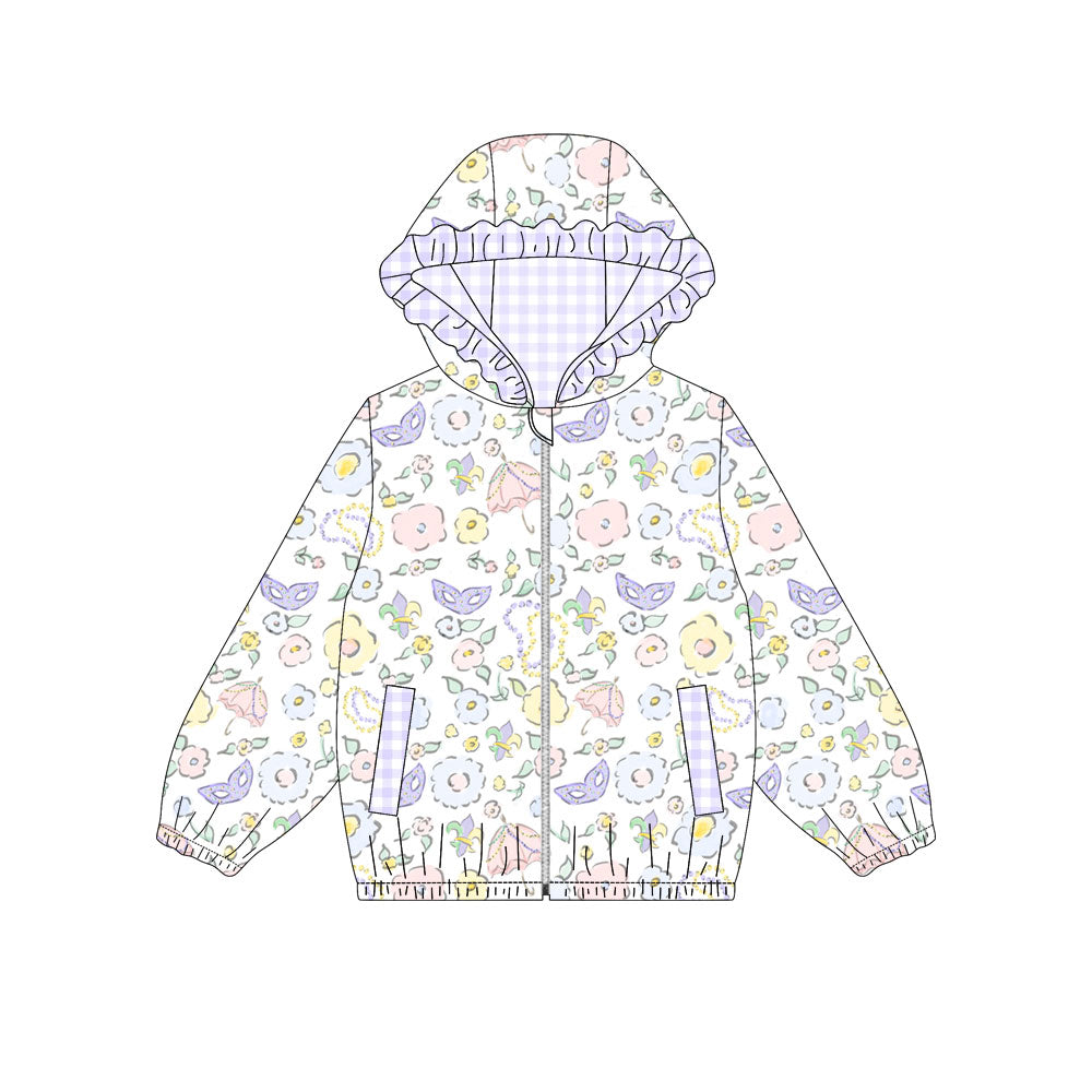 Preorder(moq 5) Baby Girls Floral Masks Zipper Pockets Mardigras Ruffle Hoodies Top