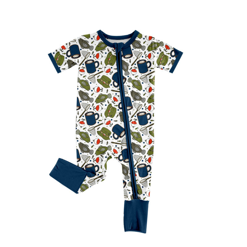 Preorder (moq 5)Baby Boys Short Sleeve Fishing Hunting Two Way Zip Convertible Rompers