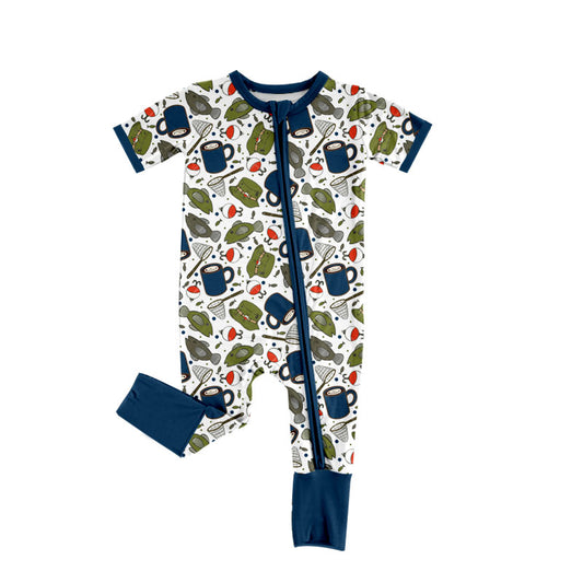 Preorder (moq 5)Baby Boys Short Sleeve Fishing Hunting Two Way Zip Convertible Rompers