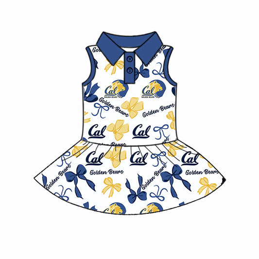 Preorder (moq 5)Baby Girls Blue Sleeveless Bows Plaid Golden Bears Button Team Knee Length Dresses