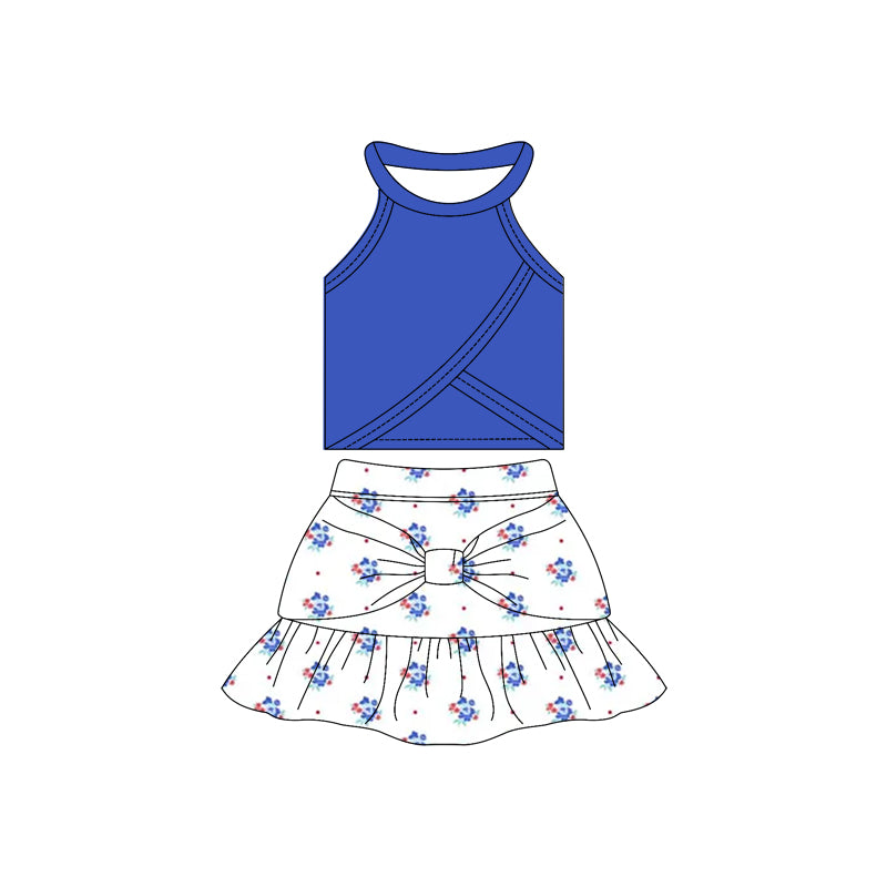 Preorder moq 10 Baby Girls Sleeveless Hot Blue Vest Top Flowers Polka Dots Bow Ruffle Short Skirts Activity Wear Yoga Set