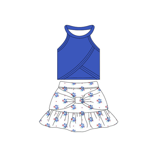 Preorder moq 10 Baby Girls Sleeveless Hot Blue Vest Top Flowers Polka Dots Bow Ruffle Short Skirts Activity Wear Yoga Set