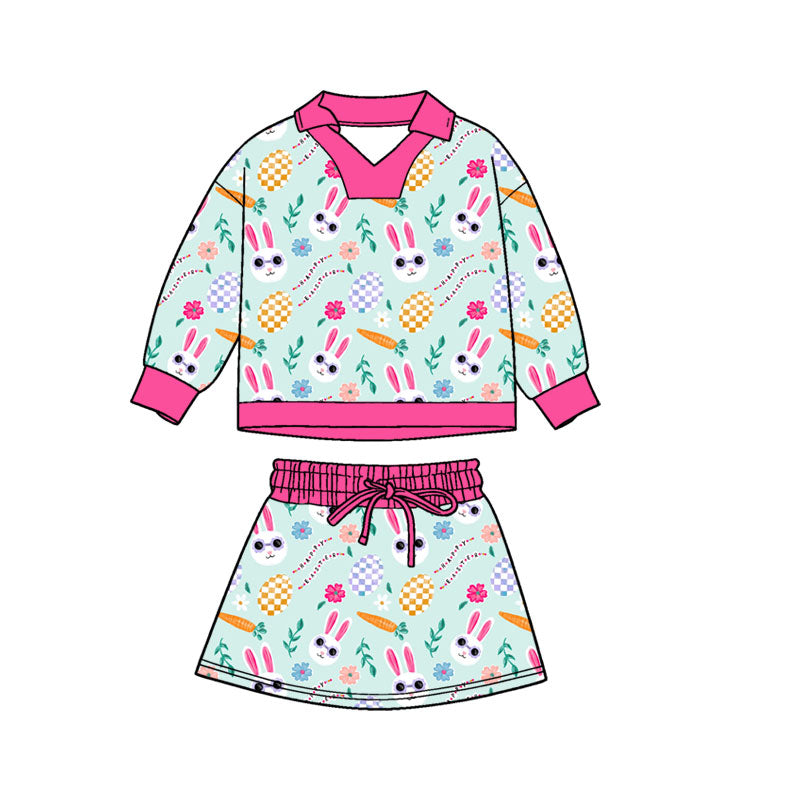 Preorder(moq 5) Baby Girls Rabbits Eggs Flowers Long Sleeve Top Skirt Shorts Easter Clothes Sets