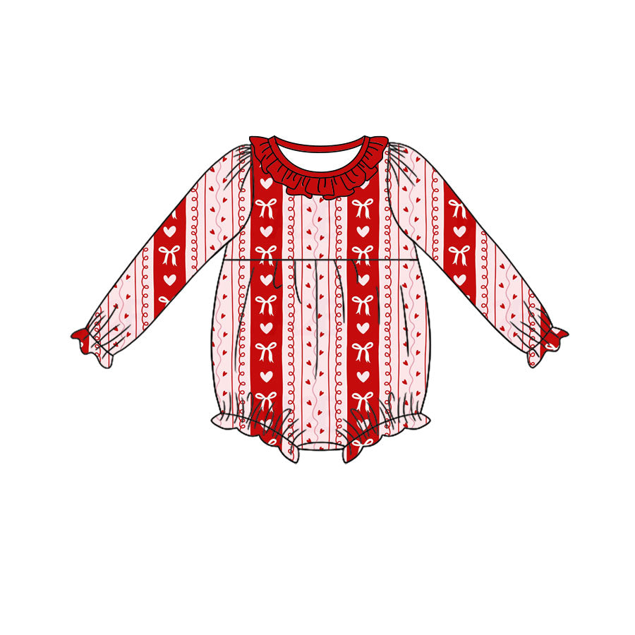 Preorder (moq 5) Baby Girl Clothes Heart Bow Vertical Striped Print Long Sleeve Ruffle Bubble Romper