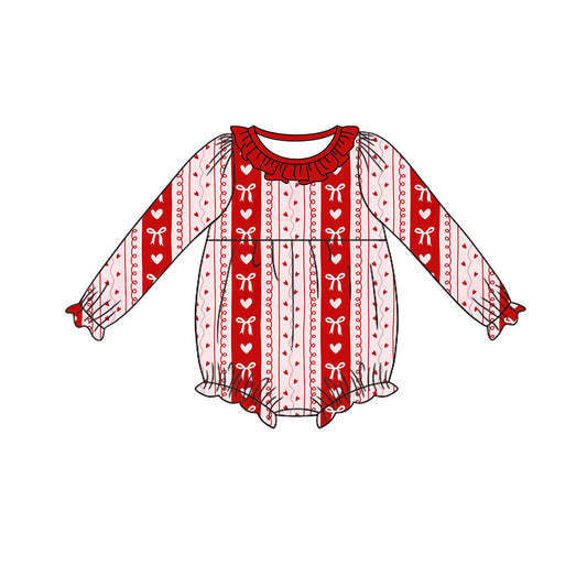 Preorder (moq 5) Baby Girl Clothes Heart Bow Vertical Striped Print Long Sleeve Ruffle Bubble Romper