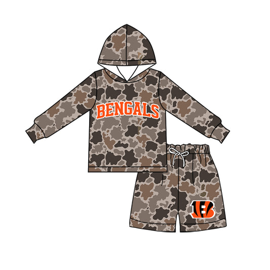 Preorder (moq 5)Baby Boys Brown Camo Bengals Long Sleeve Hoodie Short Team Clothes Set