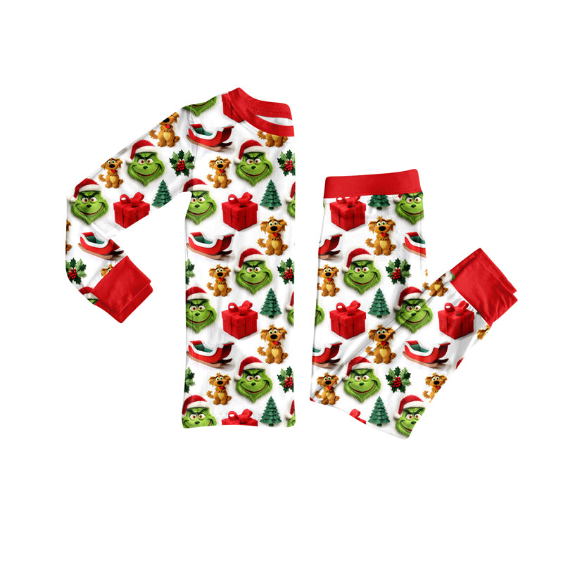 Preorder (moq 5)Baby Girls Green Face Gifts Top Pant Christmas Pajamas Set