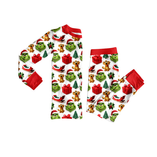 Preorder (moq 5)Baby Girls Green Face Gifts Top Pant Christmas Pajamas Set