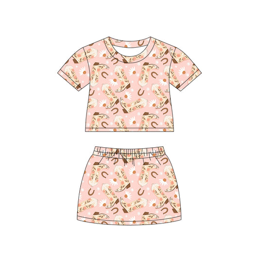 Preorder (moq 5)Baby Girls Boots Flowers Top Skirt Shorts Western Clothes Set