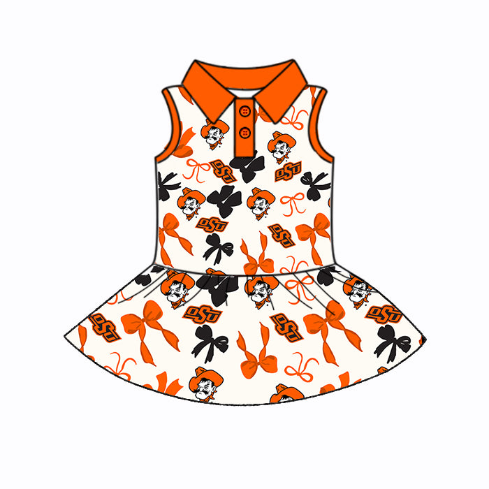 Preorder (moq 5)Baby Girls Sleeveless Orange Bows Plaid OSU Button Team Knee Length Dresses