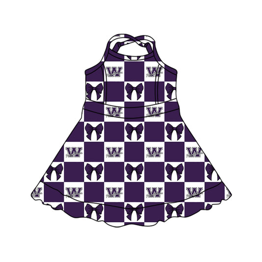 Preorder (moq 5)Baby Girls Strap Purple Bows Checked Walhalla Yoga Active Team Short Knee Length Dress