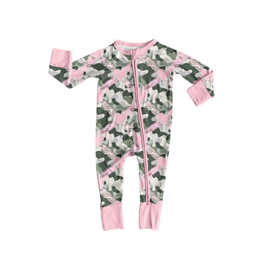 Preorder(moq 8)Baby Girls Olive Camo Hearts Checked Zipper Footie Rompers