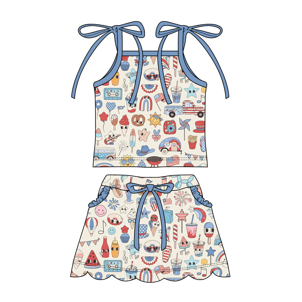 Preorder moq 5 Baby Girls Strap Ice Cream Flags Top Pockets Scallop Skirt Short 4th of July Clothes Sets