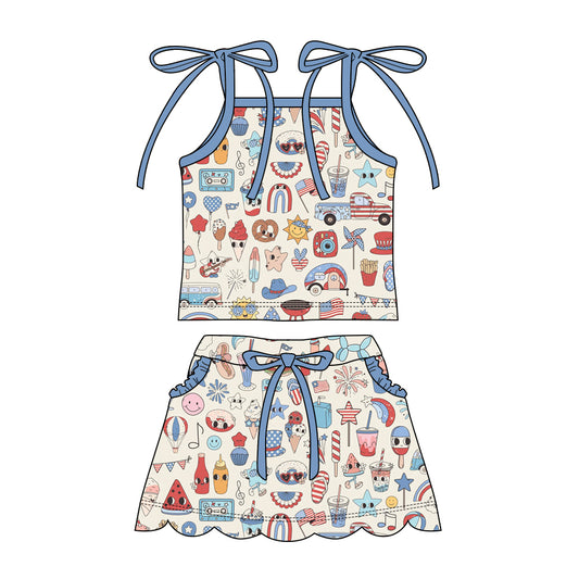 Preorder moq 5 Baby Girls Strap Ice Cream Flags Top Pockets Scallop Skirt Short 4th of July Clothes Sets