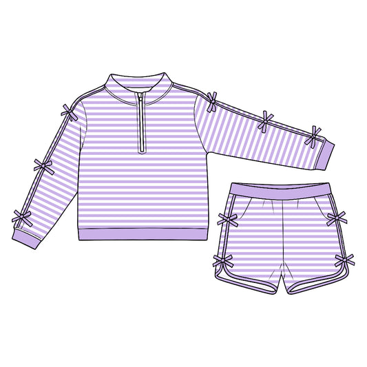 Preorder (moq5) Baby Girls Purple Stripe Bows Zip Pullover Pockets Short Clothes Set