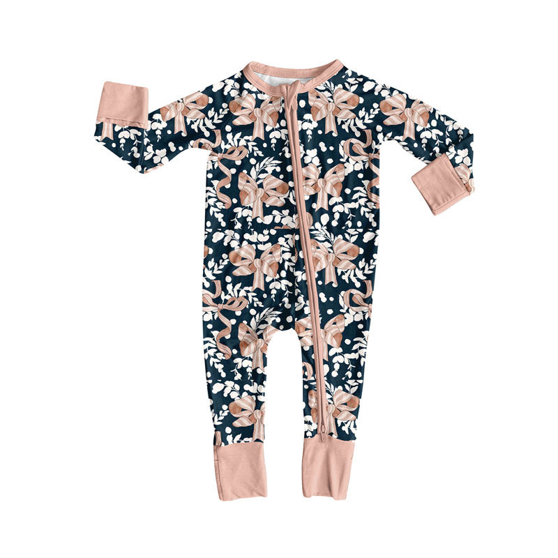 Preorder(moq 8)Baby Girls Floral Bows Long Sleeve Zipper Footie Rompers