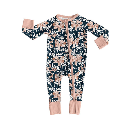 Preorder(moq 8)Baby Girls Floral Bows Long Sleeve Zipper Footie Rompers