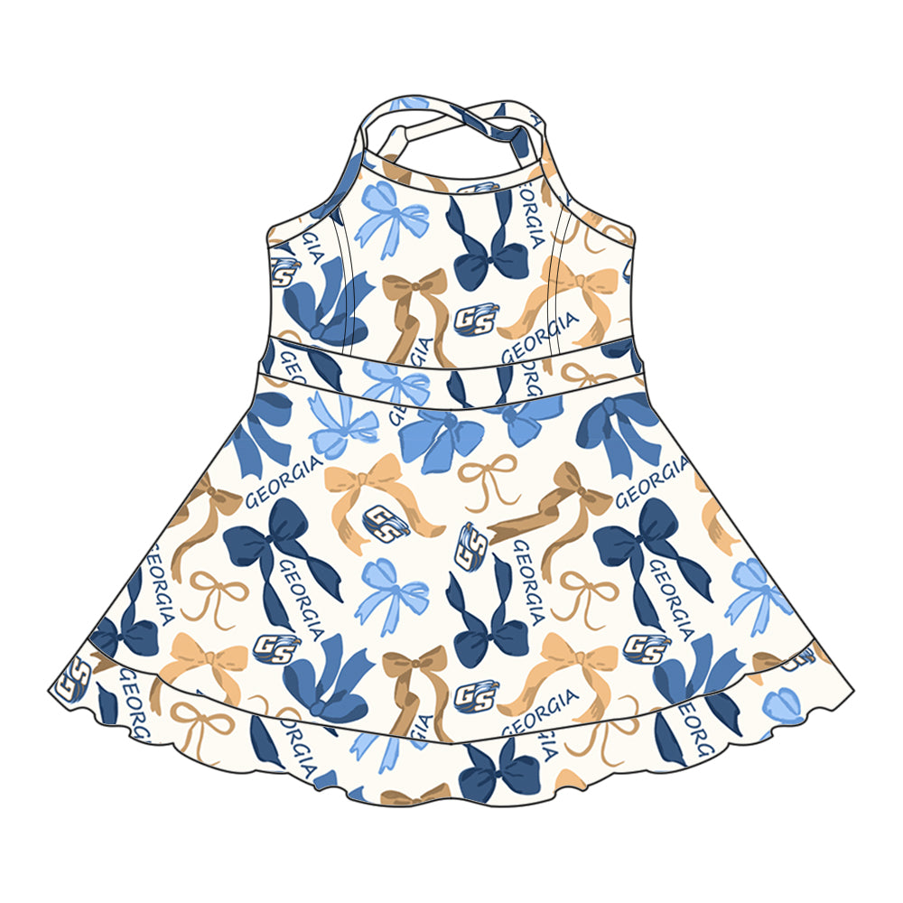 Preorder (moq 5)Baby Girls Strap Blue Yellow Bows Plaid Georgia Short Ruffle Team Knee length Dresses