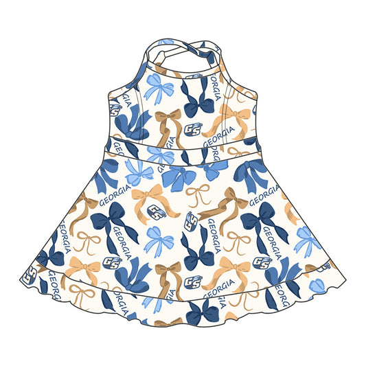 Preorder (moq 5)Baby Girls Strap Blue Yellow Bows Plaid Georgia Short Ruffle Team Knee length Dresses