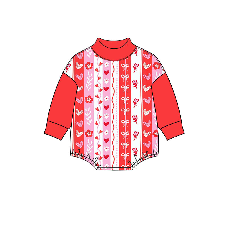 Preorder moq 5 Baby Girls’ Red Floral Heart Print Crew Neck Long Sleeve Romper