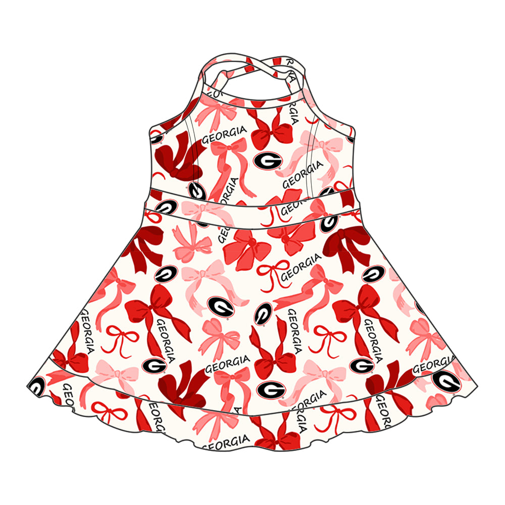 Preorder (moq 5)Baby Girls Red Strap Bows Plaid Georgia Shorts Ruffle Team Knee Length Dress