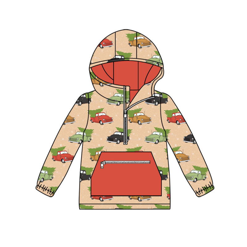 Preorder (moq 5)Baby Boys Green Red Cars Trees Pocket Zipper Christmas Hoodies Top