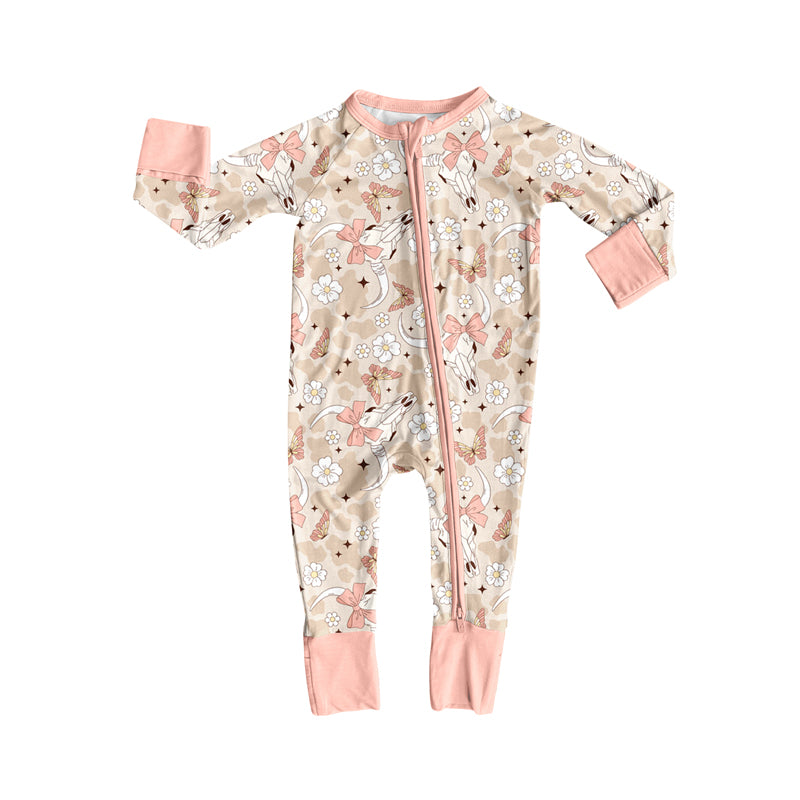 Preorder(moq 5)Baby Infant Boys Peach Camo Bull Skull Flowers Zipper Rompers