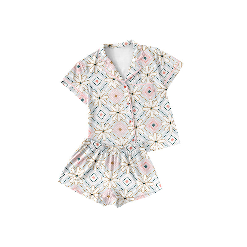 Preorder (moq 5)Baby Girls Pink Aztec Flowers Buttons Top Shorts Pajamas Sets