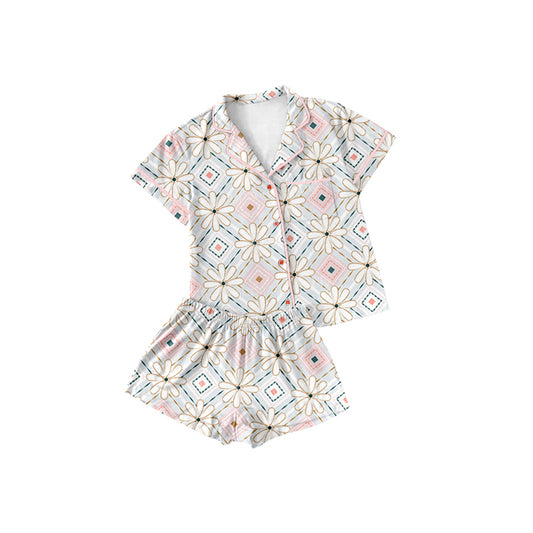 Preorder (moq 5)Baby Girls Pink Aztec Flowers Buttons Top Shorts Pajamas Sets