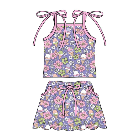 Preorder moq 5 Baby Girls Strap Flower Ice Creams Top Pockets Scallop Skirt Short Clothes Sets