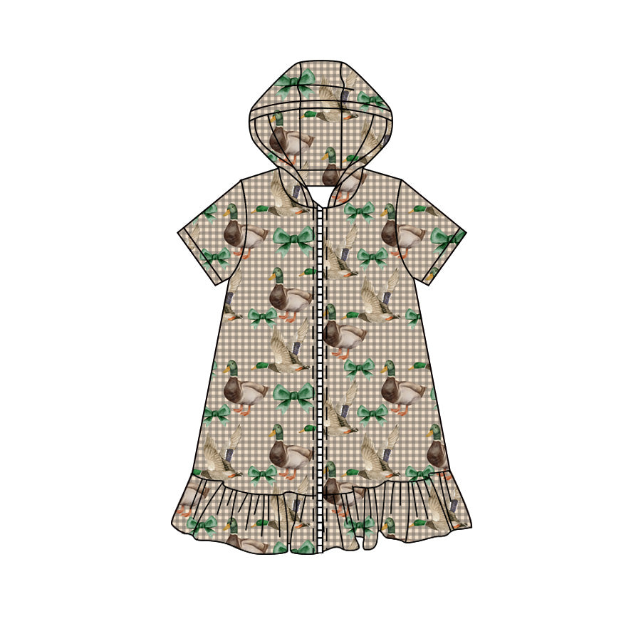 Preorder moq 5 Baby Girls Green Checked Bows Ducks Fall Zip Ruffle Knee Length Dresses