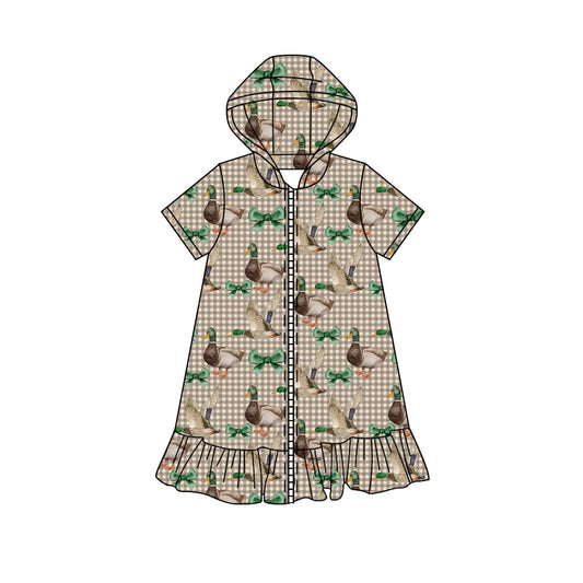 Preorder moq 5 Baby Girls Green Checked Bows Ducks Fall Zip Ruffle Knee Length Dresses